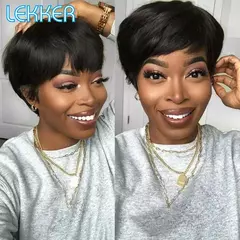 Lekker-Short Pixie Cut Perucas de Cabelo Humano para Mulheres, Natural Preto, Mu