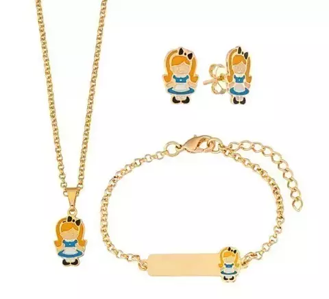 Conjunto infantil personalizado - Pulseira e colar elo português + Brinco menina