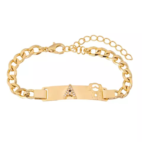 Pulseira infantil Groumet grossa + Mini letra cravejada de zircônia + Detalhe menina ou menino vazado