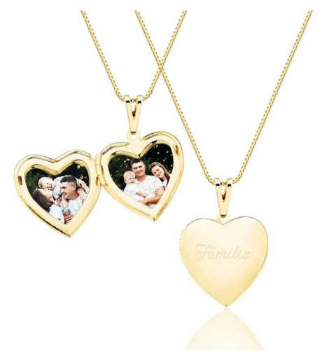 Colar relicário coração + escrita personalizada + foto