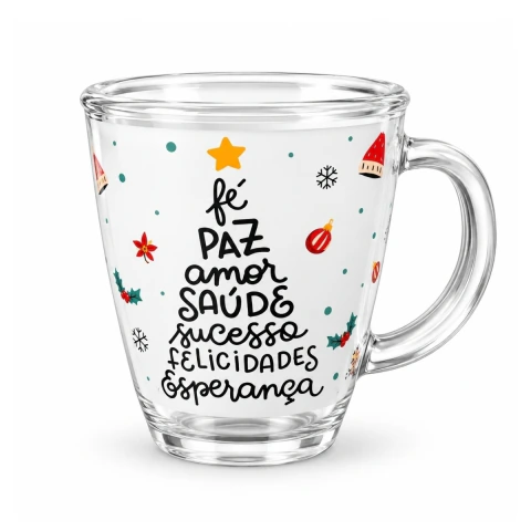 Caneca de Vidro Natalina Lanty 380ml Fé Paz e Amor