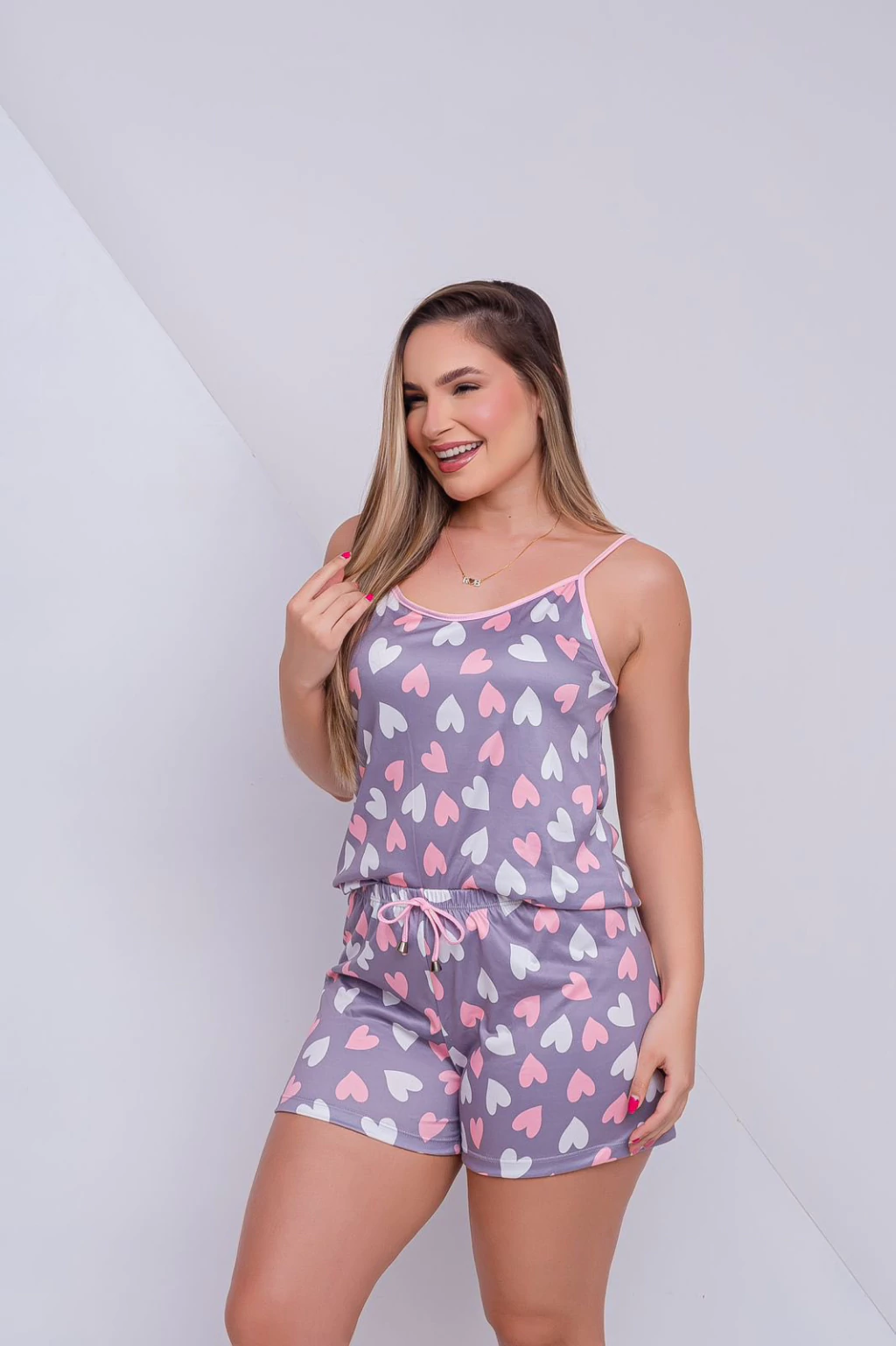 Pijama Baby Alcinha Conjunto Babydoll Corações Cinza
