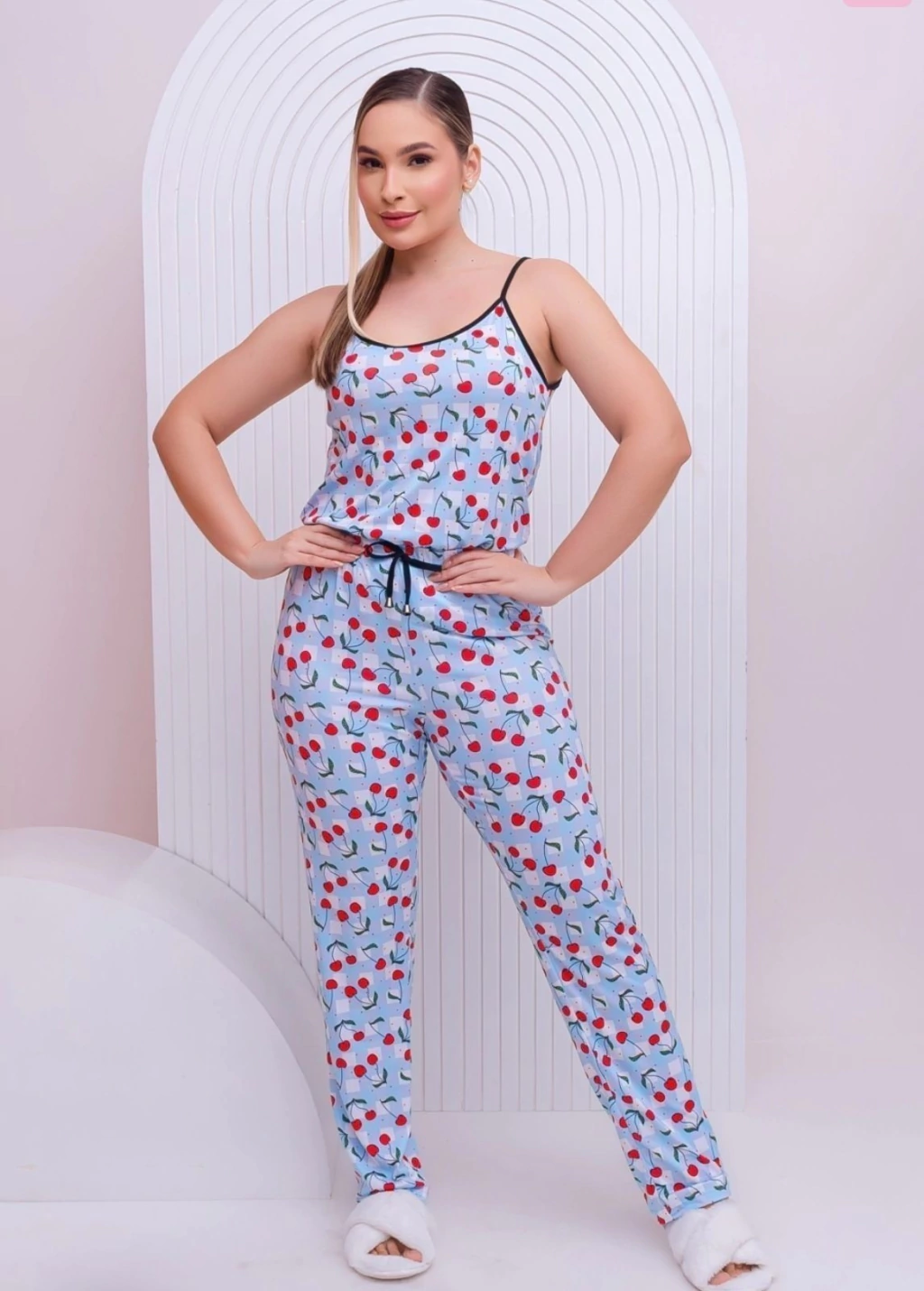 Pijama Alcinha Inverno Cereja Xadrez Conjunto Feminino
