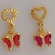 Brinco Coração Riscado e Borboleta Rosa - Banhado a Ouro 18k