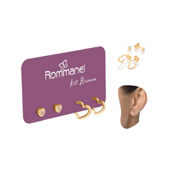 Kit Brinco Rommanel argola coração solitário zircônia 527484