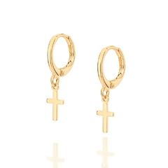 Brinco Rommanel argola masculino feminino cruz folheado a ouro 526789