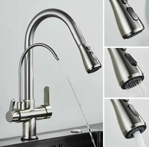 TORNEIRA MONOCOMANDO AÇO ESCOVADO EXTENSÍVEL COM SAÍDA PARA FILTRO