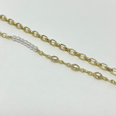 Tornozeleira dupla corrente e mix de perolas e cristal