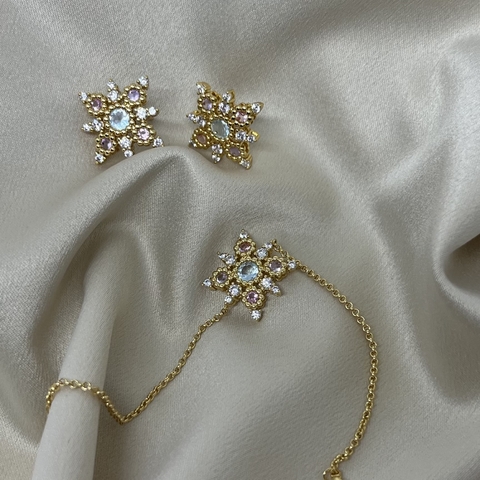 Conjunto Flor zircônias rosa claro e acqua