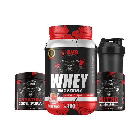 Combo Whey RVR 1kg + Creatina RVR 300g + Pré-Treino RVR 300g + Coqueteleira