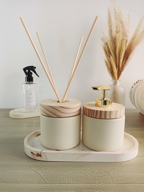 Kit Decorativo Saboneteira e Difusor de Varetas Cor Areia - 240 ml