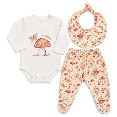 Conjunto de ajuar para bebé que incluye body blanco con estampa de hongo y mariposa, babero y ranita con diseño de hongos y mariposas en tonos rosa y beige