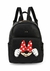 Mochila preta com estampa da Minnie Mouse segurando um laço vermelho com bolinhas brancas.