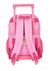 Mochila rosa com rodinhas e alças, vista de trás.