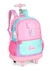 Uma mochila rosa com rodinhas, estampada com detalhes coloridos, incluindo a palavra "LOVE" e o logo da Barbie.