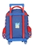 Mochila de rodinhas azul com detalhes vermelhos e estampas do Super Mario.
