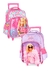 Conjunto de mochilas de rodinha da Barbie, uma em tons de rosa e azul com estampa de coração e a outra em lilás com padrão de onça, ambas com imagens da boneca Barbie.