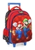 Mochila de rodinha do Super Mario com imagens de Mario e Luigi, em fundo vermelho e detalhes coloridos.