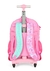 Mochila rosa com rodinhas e alças coloridas, mostrando detalhes de sorvetes e donuts.