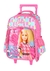 Mochila de rodinha da Barbie com estampa colorida e imagem da boneca Barbie na frente.