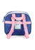 Bolsa térmica azul com detalhes em rosa, ideal para lanche, com alças e etiqueta identificadora.