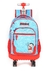 mochila de rodinhas azul com detalhes vermelhos, com estampa de personagens da Turma da Mônica e um chaveiro de coelhinho