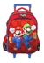 Mochila de rodinhas com estampas dos personagens Mario e Luigi, da franquia Super Mario, em fundo vermelho.