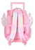 Mochila rosa com rodinhas e alças, decorada com asas brilhantes, vista de trás.