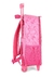 Mochila rosa com rodinhas e alça retrátil, vista lateral, com estampa de personagens infantis.
