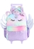 Uma mochila de rodinhas com design de unicórnio, apresentando cores em degradê pastel, asas brilhantes e detalhes em pelúcia.
