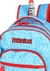 mochila infantil azul com estampas de personagens da Turma da Mônica, com detalhes em vermelho e alça de carrinho