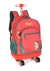 Mochila de rodinhas vermelha com estampa de frutas e personagem infantil, modelo Magali, com alça retrátil e rodas.