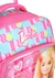 Uma mochila pink com estampa colorida e a logo da Barbie na parte frontal.