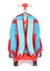 Mochila de rodinhas azul com detalhes em vermelho, vista de trás, com alças e carrinho retrátil.
