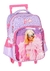 Uma mochila de rodinhas da Barbie, com estampa de onça e imagem da boneca vestindo um casaco rosa, com detalhes em rosa e roxo.
