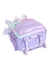 Mochila infantil em formato de unicórnio com rodinhas, na cor roxa e detalhes brilhantes.