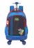 Mochila com rodas do Mario Bros, apresentando personagens icônicos em fundo preto e azul.