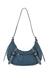 Bolsa meia lua jeans na cor azul, com alça e detalhes em material sintético, apresentando um bolso frontal com zíper.