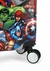 Mala de bordo decorada com personagens da Marvel, incluindo Hulk, Capitão América e Viúva Negra, com rodas pretas.
