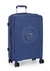 Uma mala de viagem rígida na cor azul, com design moderno e rodas para facilitar o transporte.