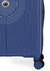 Parte inferior de uma mala azul com rodinhas, destacando o design listrado e o logotipo da marca UP4YOU.