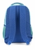 Mochila azul com alças e detalhes em verde, vista de trás.