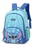 Mochila azul com estampa de Stitch da Disney, apresentando o personagem com expressão alegre e folhas decorativas.