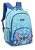 Mochila infantil azul com estampa de folhas e desenho do personagem Stitch da Disney.