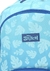Mochila azul com estampa de folhas brancas e etiqueta Disney Stitch