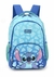 Mochila azul com estampa de folhas brancas e imagem do Stitch da Disney.