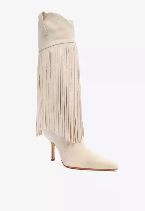 BOTA RAFFAELA UP FRINGES STILETTO FRANJAS CAMURÇA BRANCA SCHUTZ