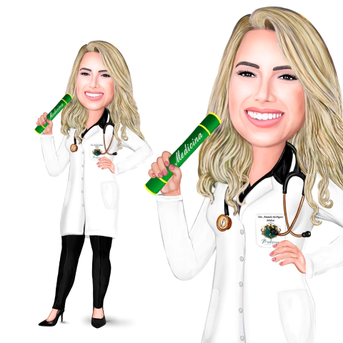 Caricatura de Médica de Jaleco e Canudo de formatura, Vibrando - comprar online