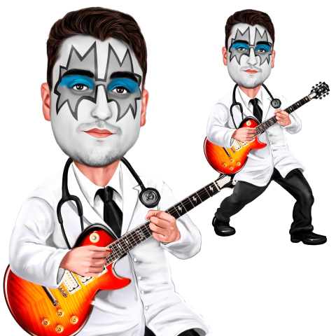 Caricatura Médico Tocando Guitarra - Corpinho Pronto - Estilo Ouro