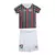 Kit infantil do Fluminense, com camisa listrada em verde, vermelho e branco, e calções brancos.